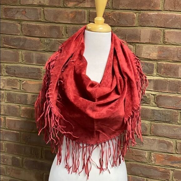 Central Falls Red Suede Fringed Cape Shawl - Picture 7 of 14